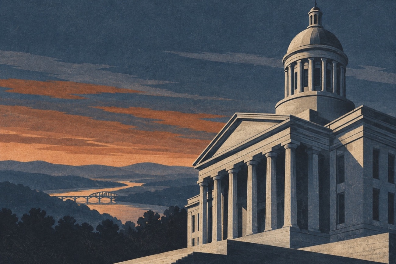 Illustrated state capitol with hills and river at dusk