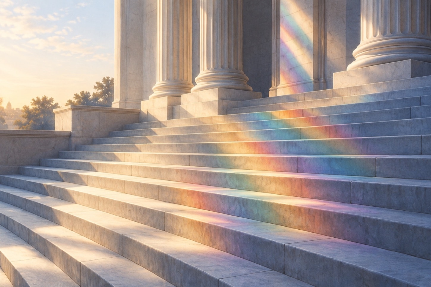 Empty civic steps crossed by soft bands of coloured light