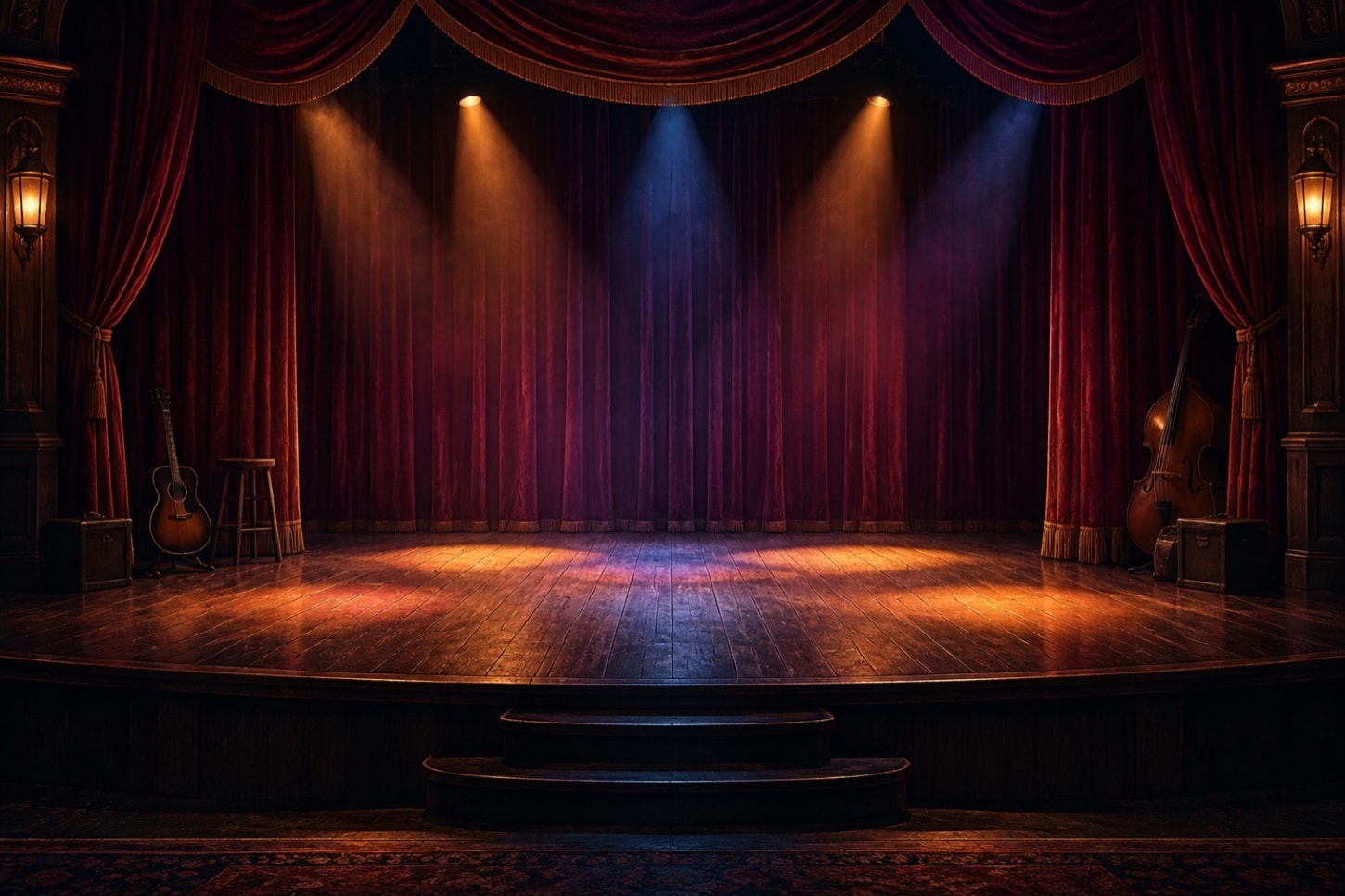 Empty theater stage with warm pools of light and musical instruments