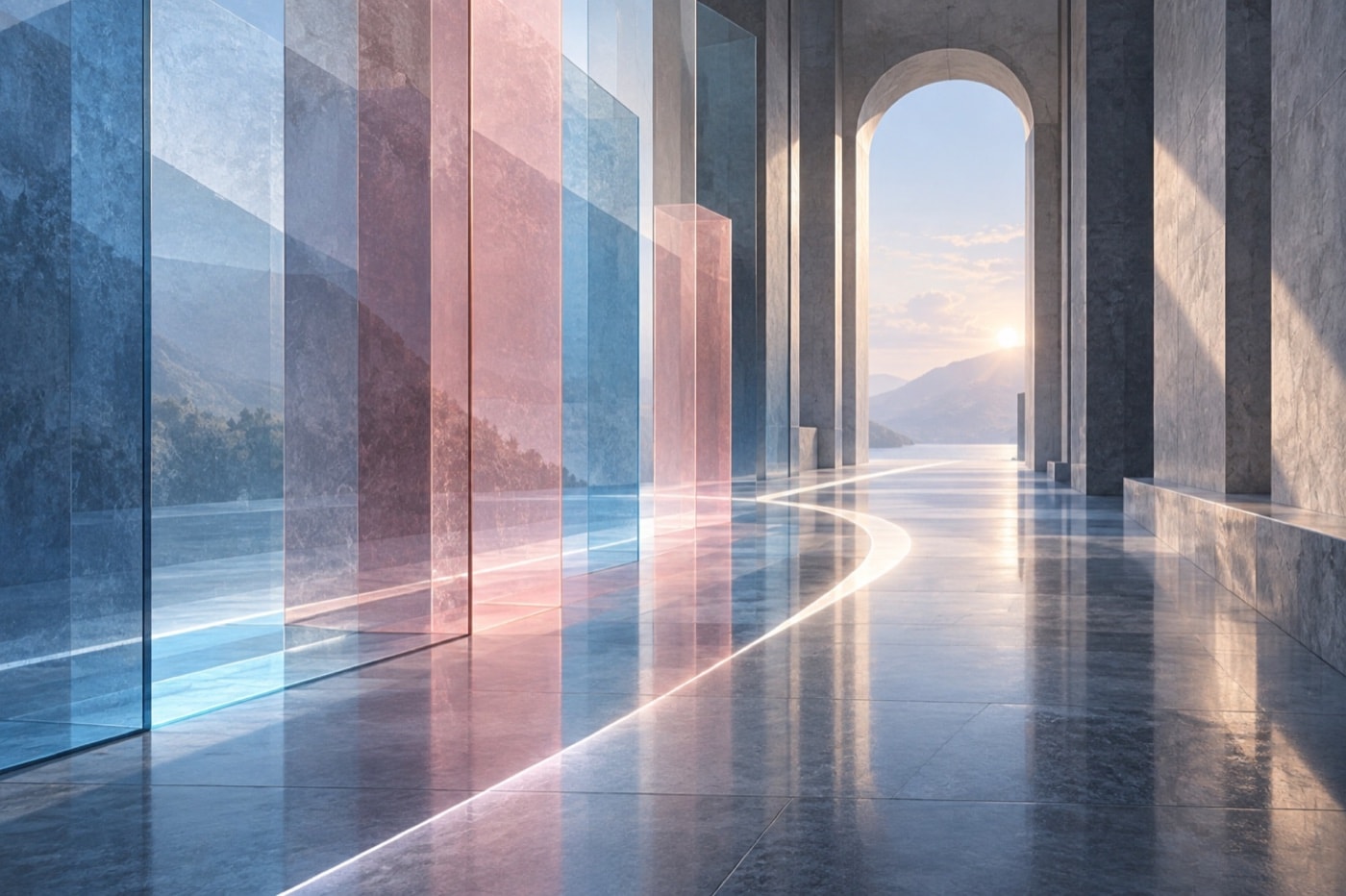 Quiet architectural corridor with translucent blue and rose panels