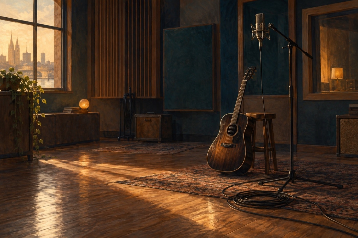 Empty Nashville-style recording room with guitar and microphone