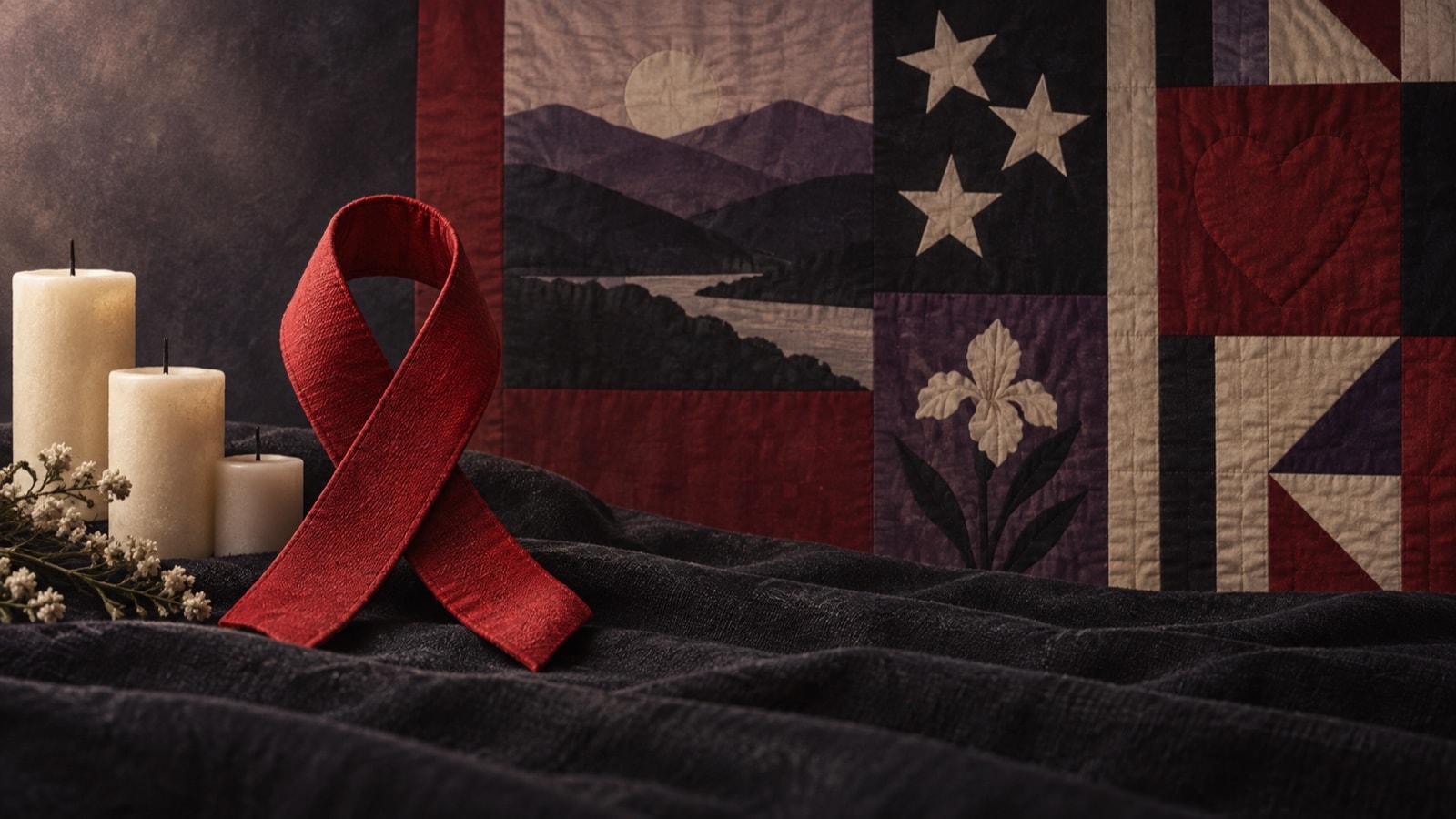 Red remembrance ribbon, unlit candles and a handmade quilt