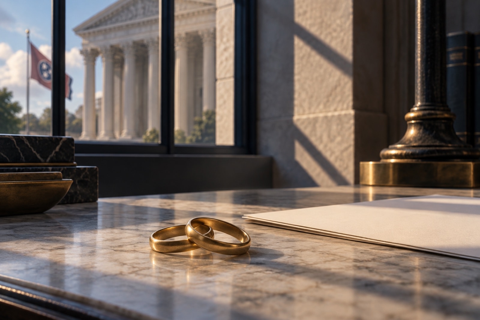 Two rings on a stone desk beside blank government papers